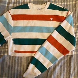 Champion Reverse Weave Hoodie Crewneck Medium Striped Cropped